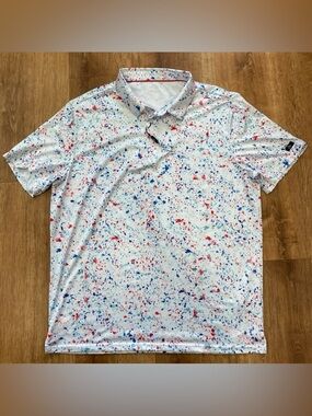 Obla Performance Polo Shirt Mens XL White Red Blue Paint Splatter Lightweight